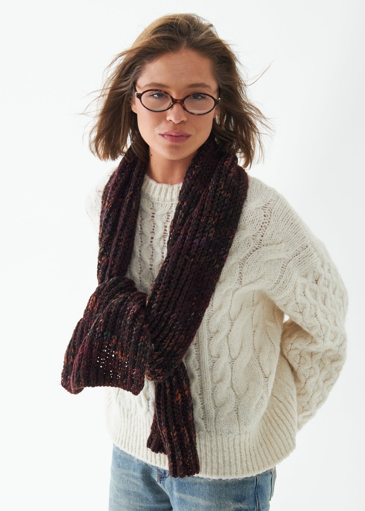 Oversized Maroon & Black alpaca-wool scarf: Outfit view with scarf knotted in front; beanie sold separately