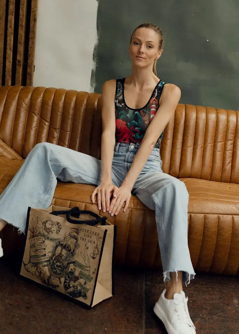 Octopus Mesh Sleeveless Bodysuit for Women - Tattoo Inspired Design - BRIKOLY