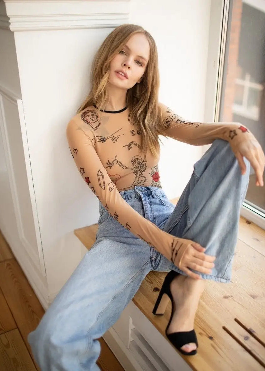 Tattoo Long Sleeve Bodysuit for Women – Unique Design - BRIKOLY