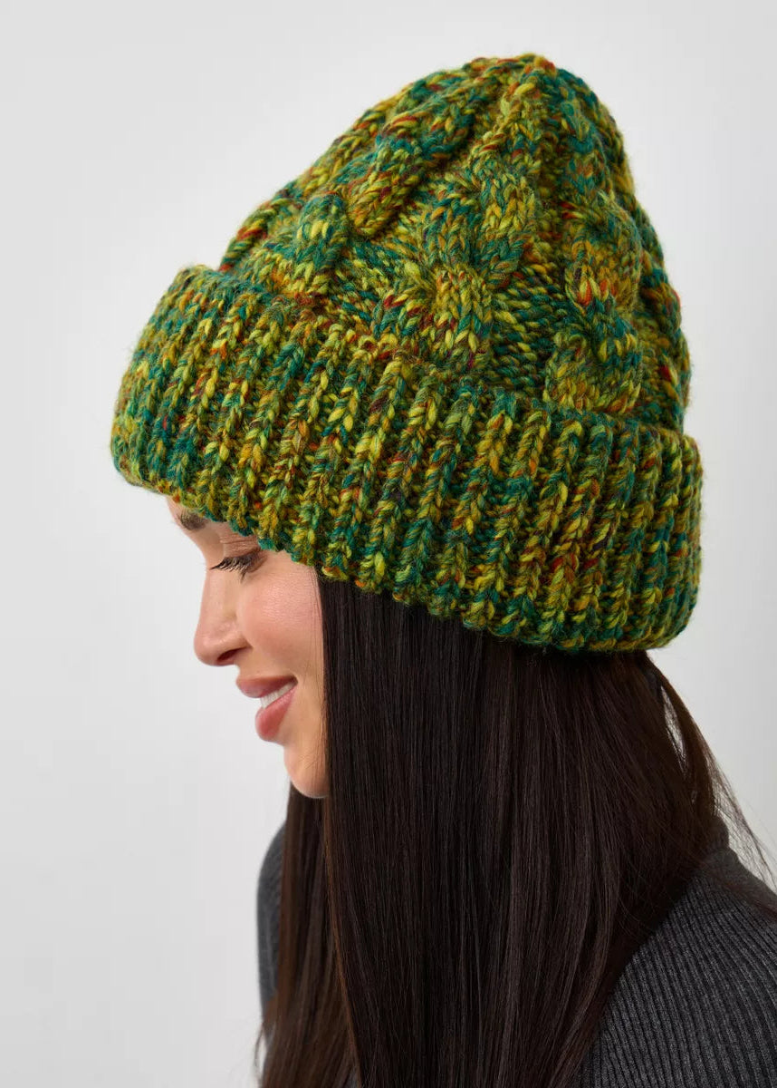 Tokyo Khaki cable knit wool beanie: Side profile showing the raised cable knit