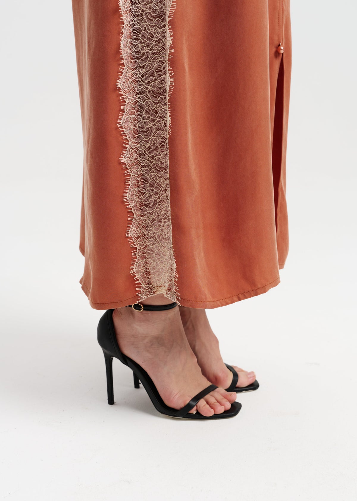 Terracotta Silk Slip Dress with Lace Details & Front Buttons - BRIKOLY