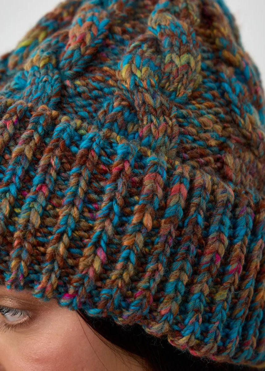Tokyo Turquoise cable knit wool beanie: Close-up of the multicolor cable knit texture