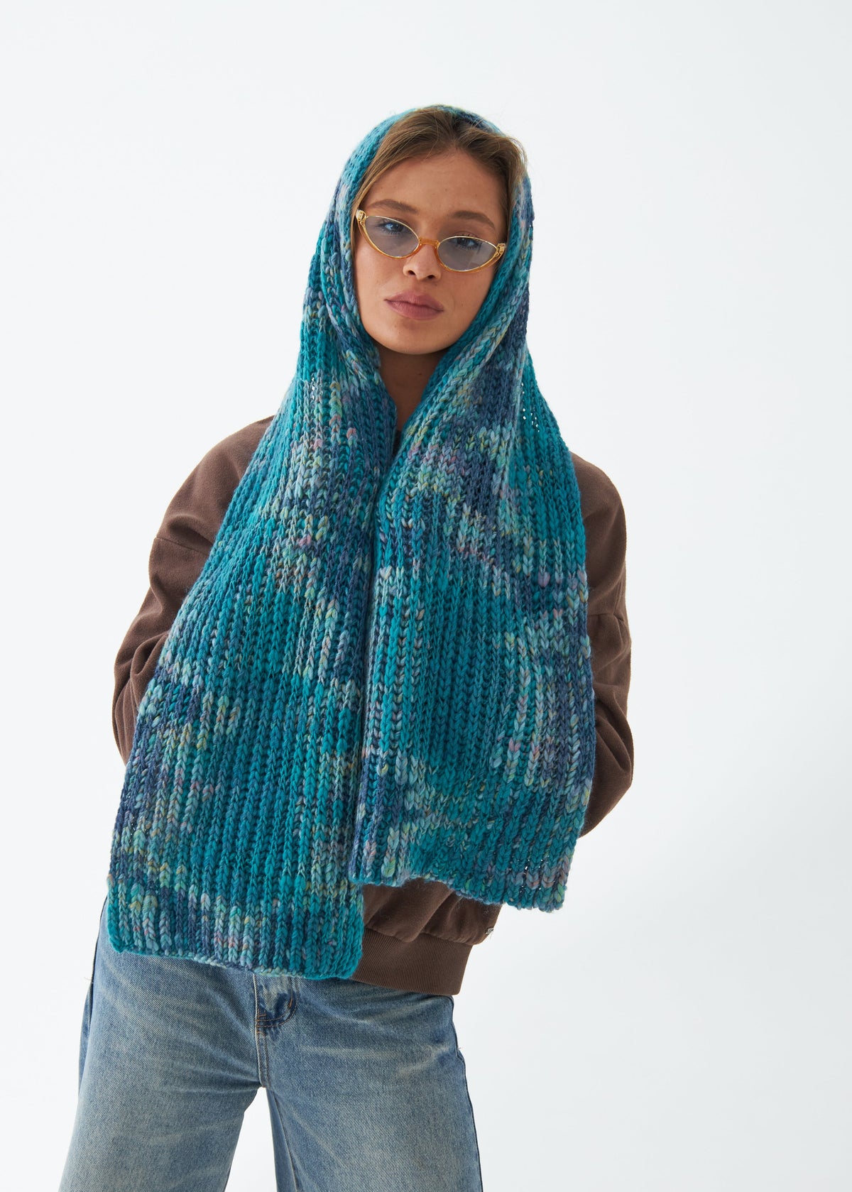 Oversized Tiffany alpaca-wool scarf: Front outfit view worn over the head; beanie sold separately
