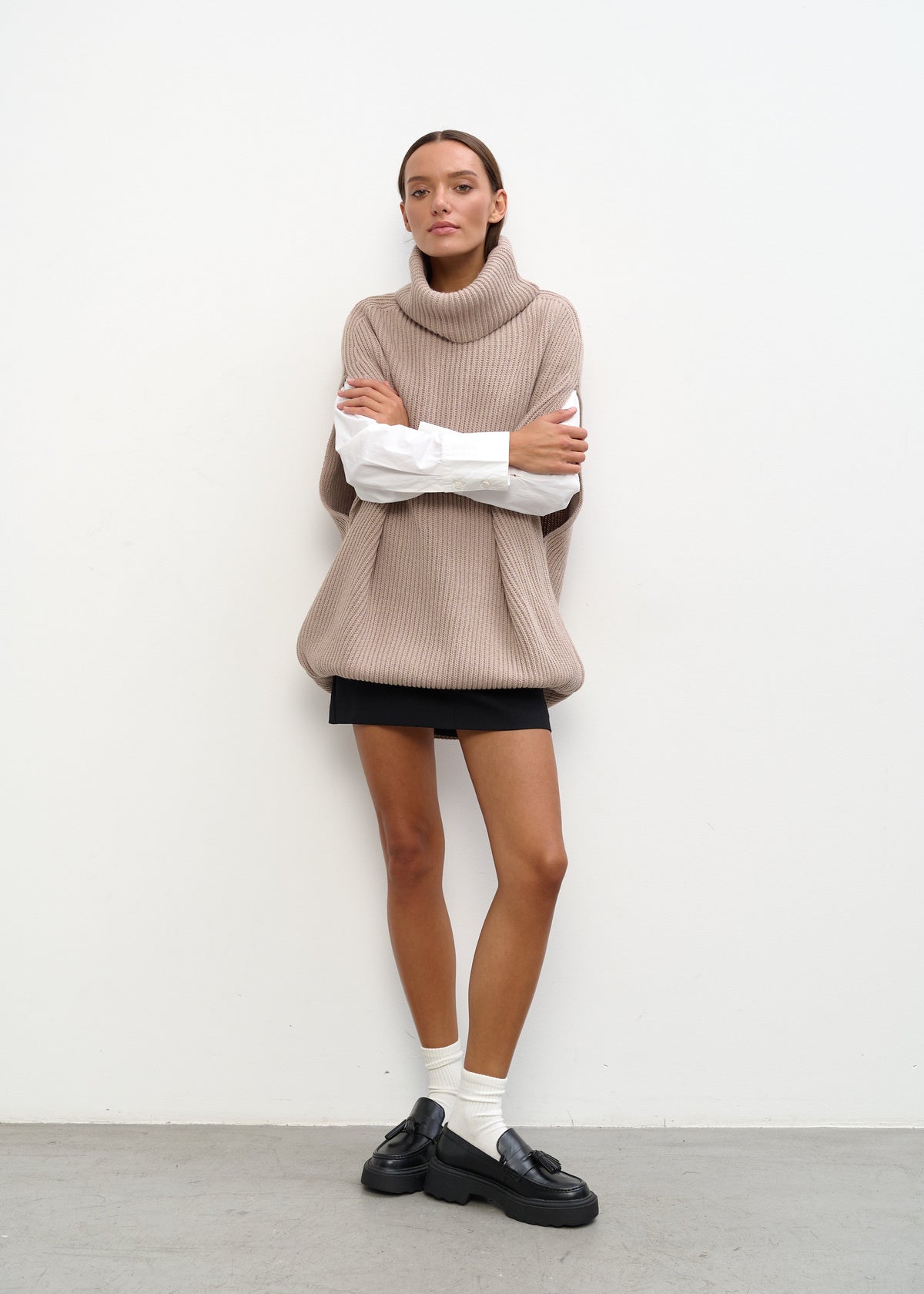 Women’s Oversized Beige Knit Sweater Vest – Long Turtleneck Layering Essential - BRIKOLY
