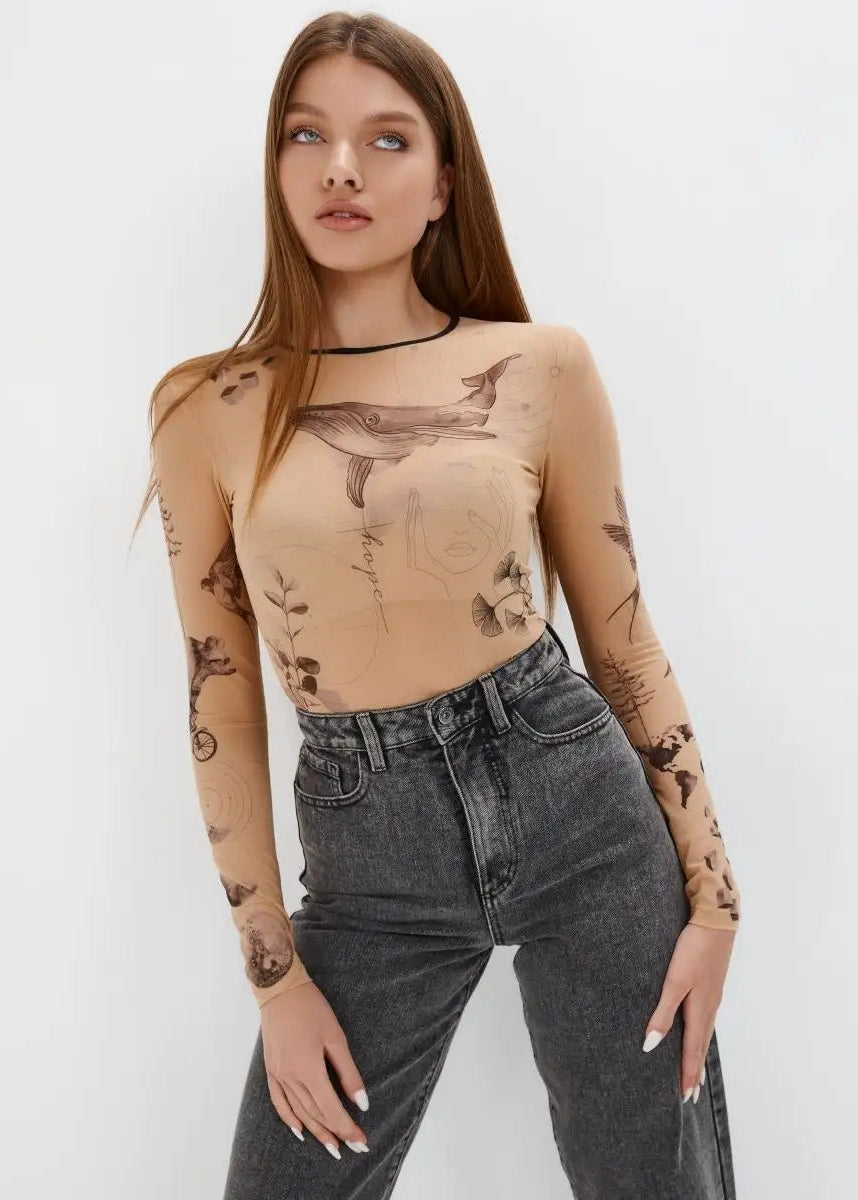 Whale Long Sleeve Bodysuit for Women – Unique Tattoo Design - BRIKOLY