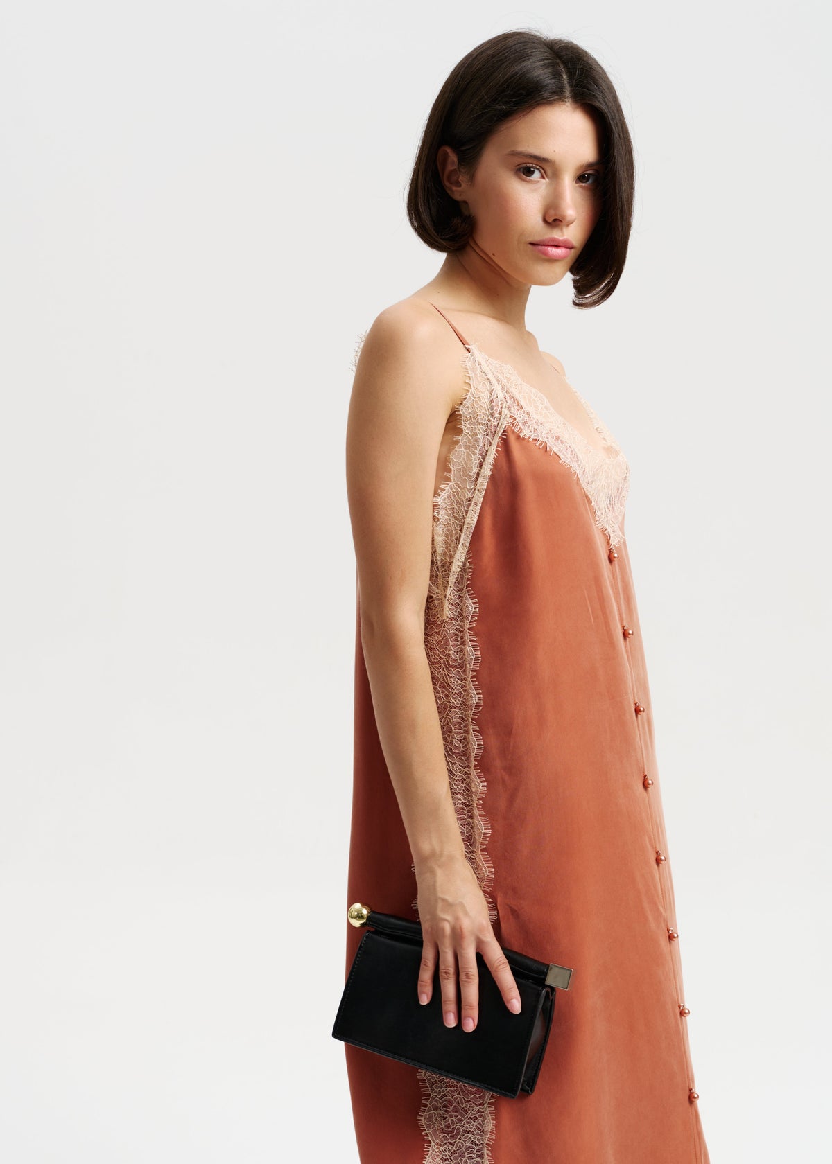 Terracotta Silk Slip Dress with Lace Details & Front Buttons - BRIKOLY