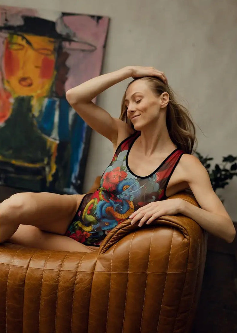 Dragon Mesh Sleeveless Bodysuit for Women - Tattoo Inspired Design - BRIKOLY