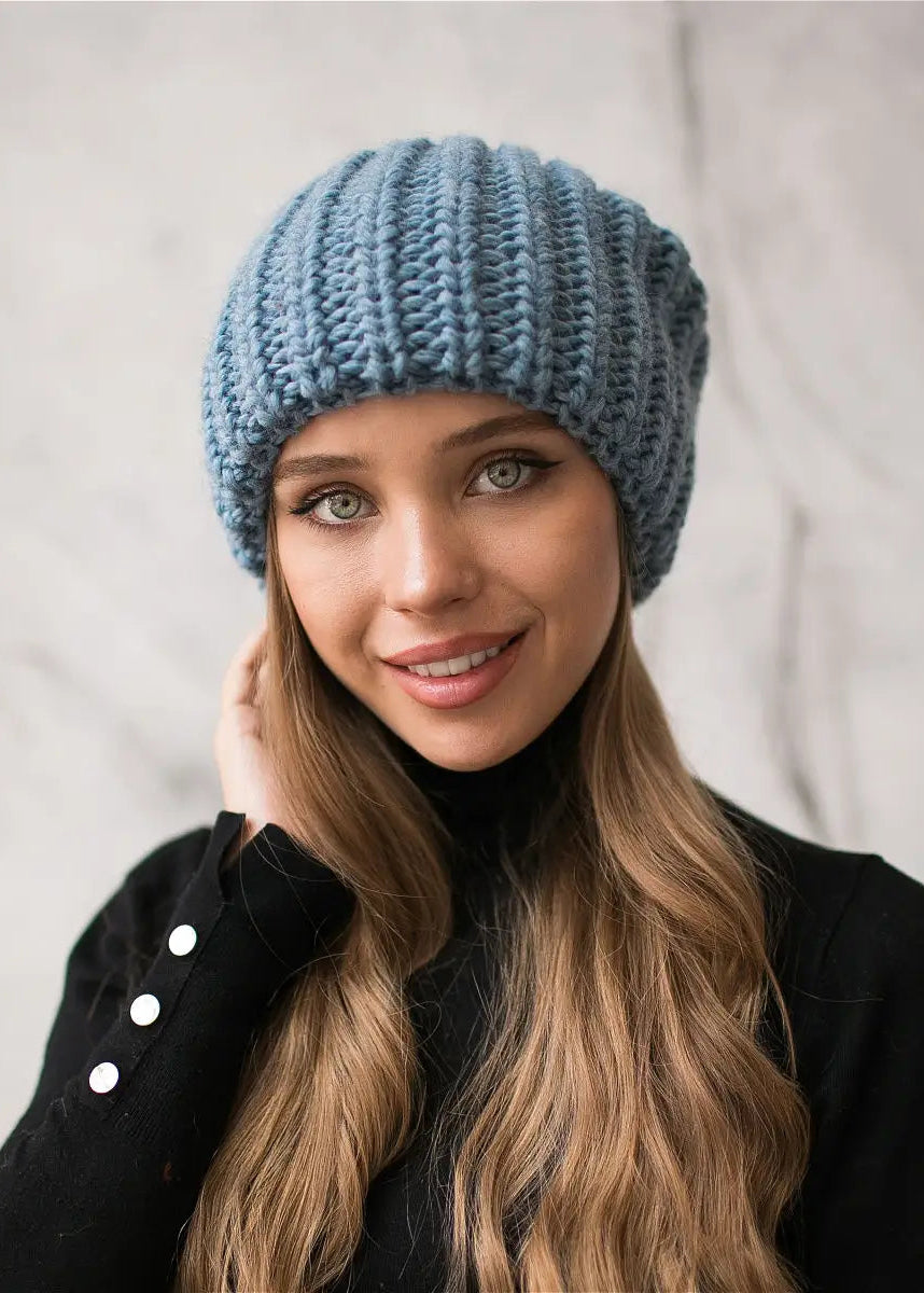 Oversized Double-Layer Wool Hat in Dusty Blue