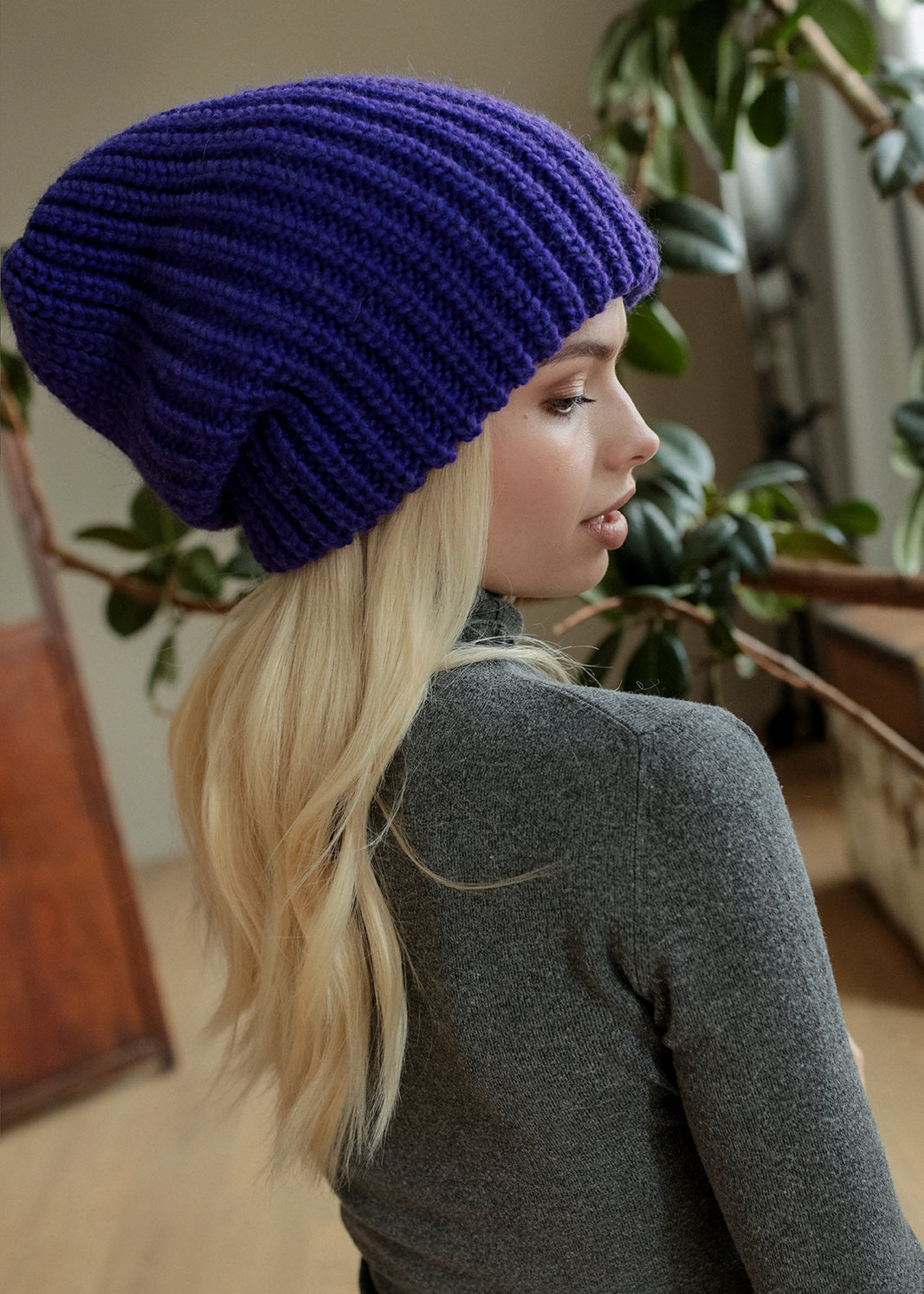 BRIKOLY London Lavender knit beanie shown from the rear side.