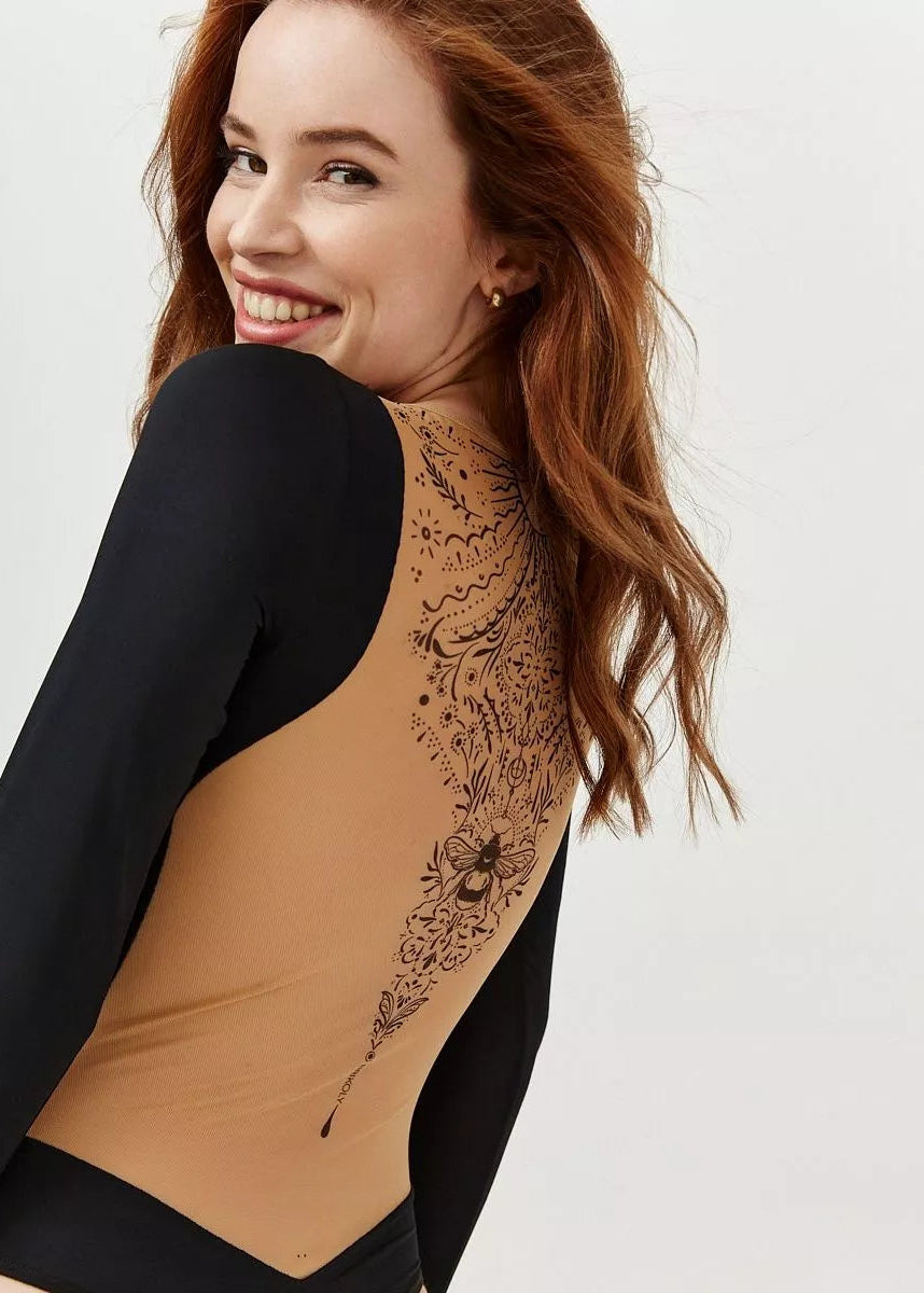 Bumblebee Bodysuit Long Sleeve Open Back with Fake Tattoo - BRIKOLY