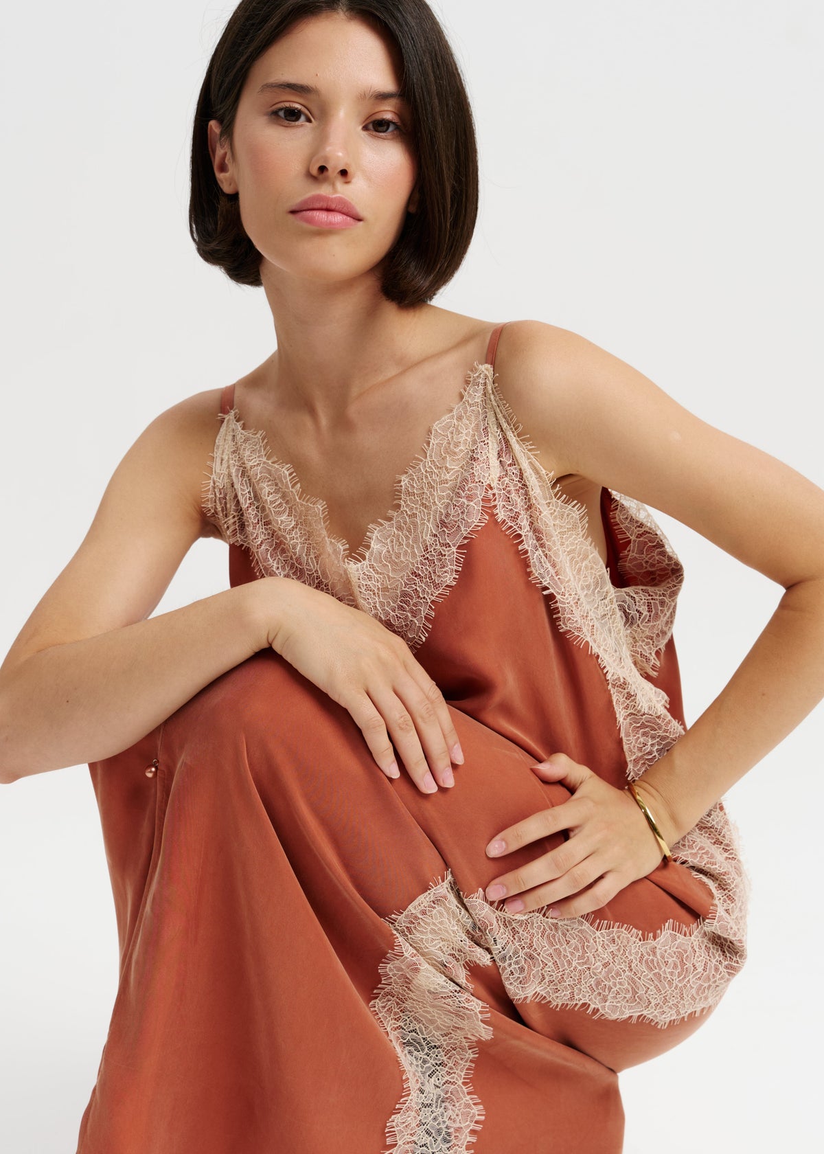 Terracotta Silk Slip Dress with Lace Details & Front Buttons - BRIKOLY
