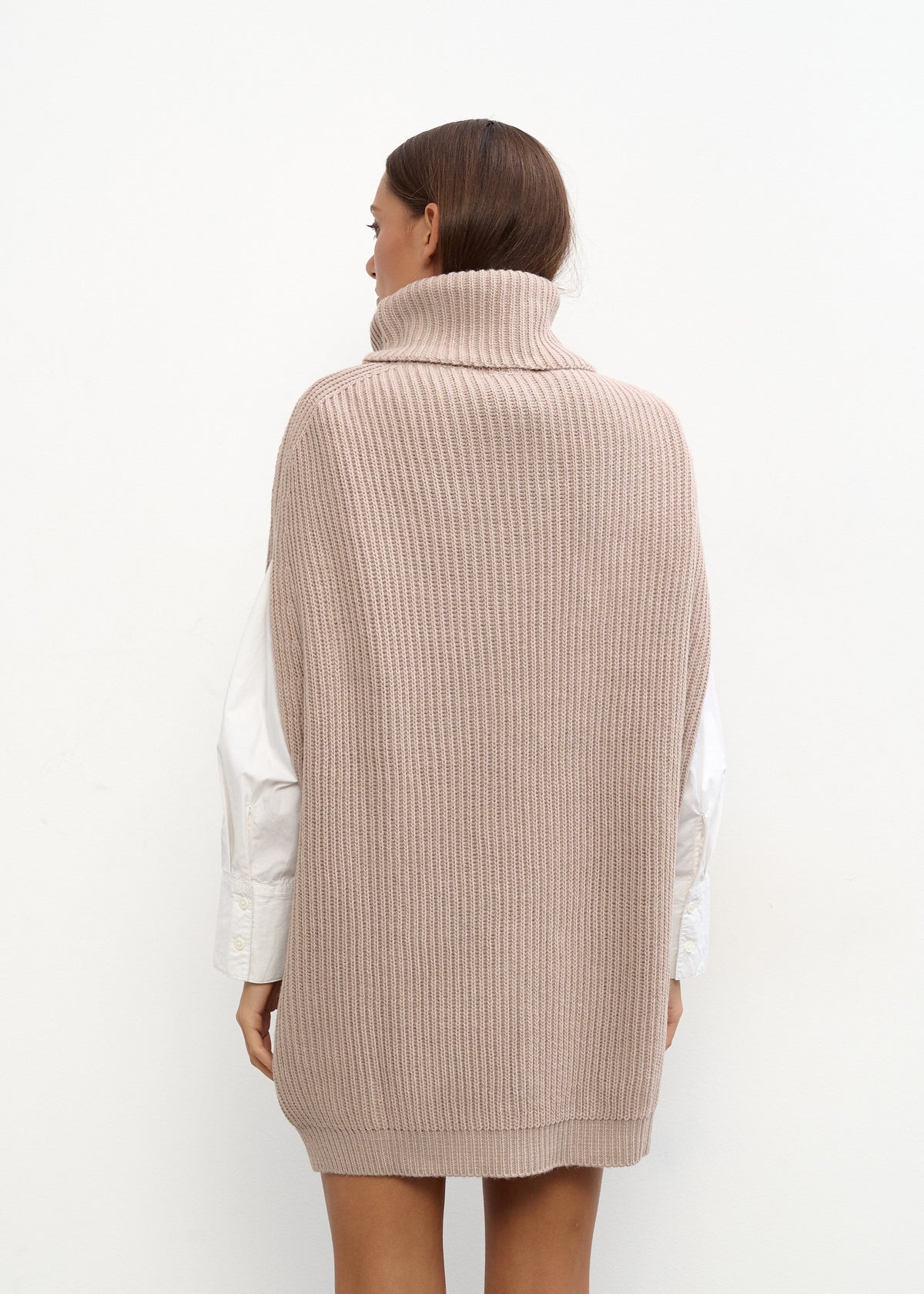 Women’s Oversized Beige Knit Sweater Vest – Long Turtleneck Layering Essential - BRIKOLY