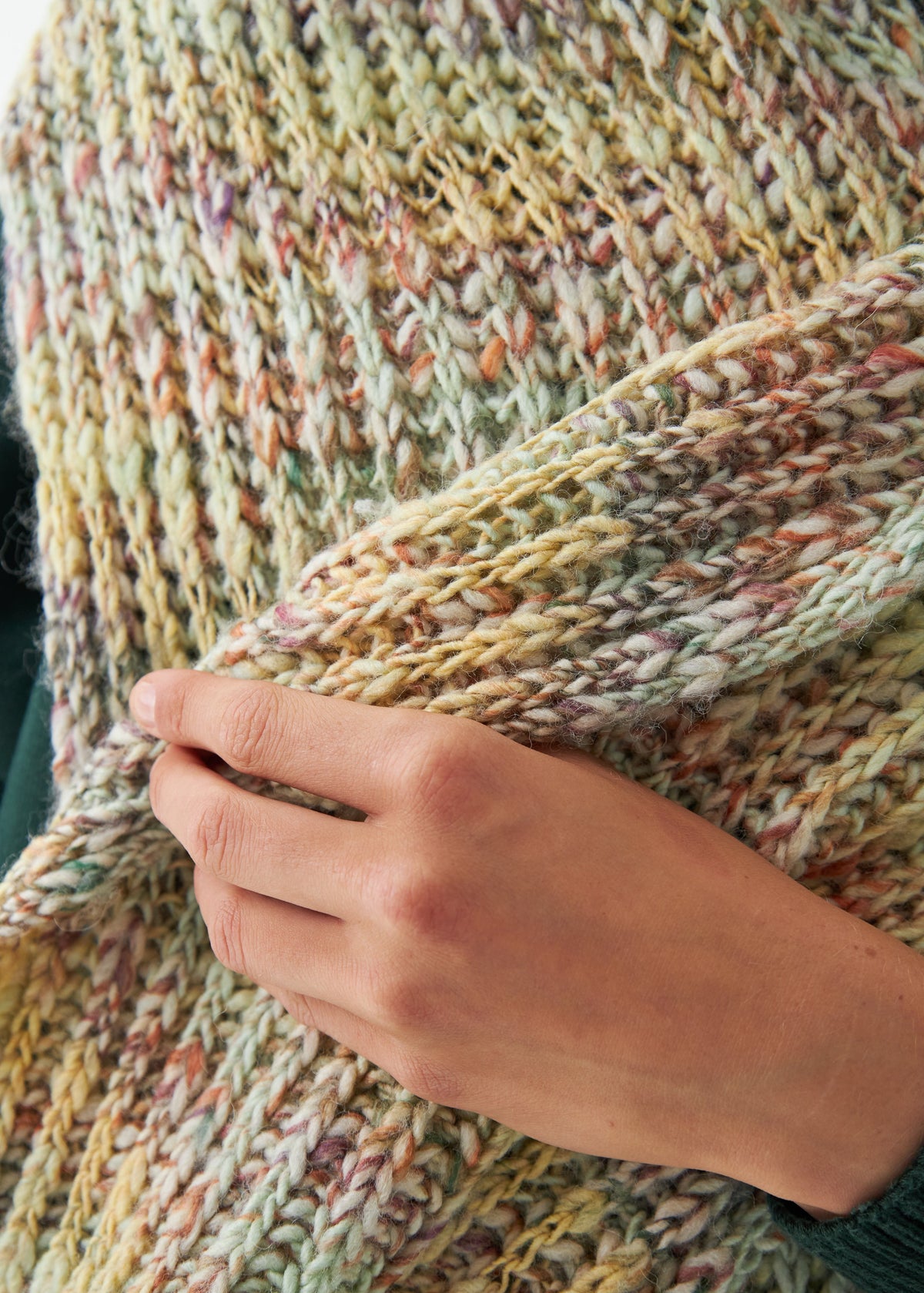 Oversized Yellow & Green alpaca-wool scarf: Close-up of mixed yellow and green stitches; beanie sold separately