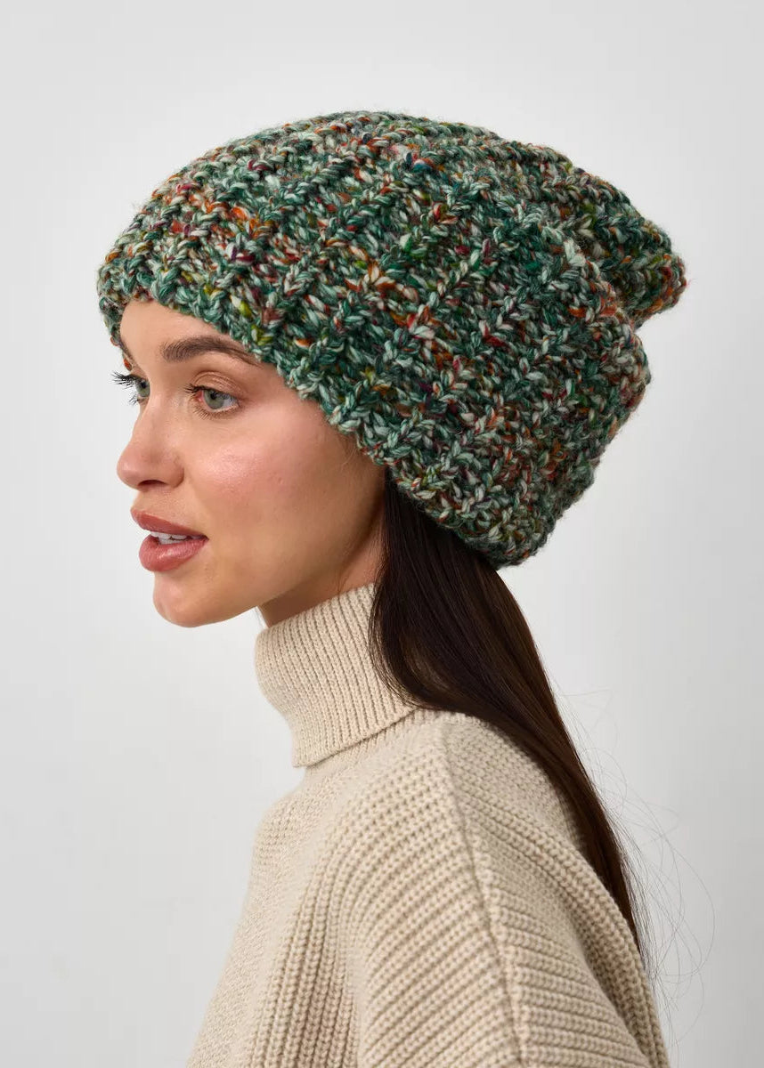 Oversized Green & Orange double-layer wool hat: Three-quarter portrait with relaxed crown