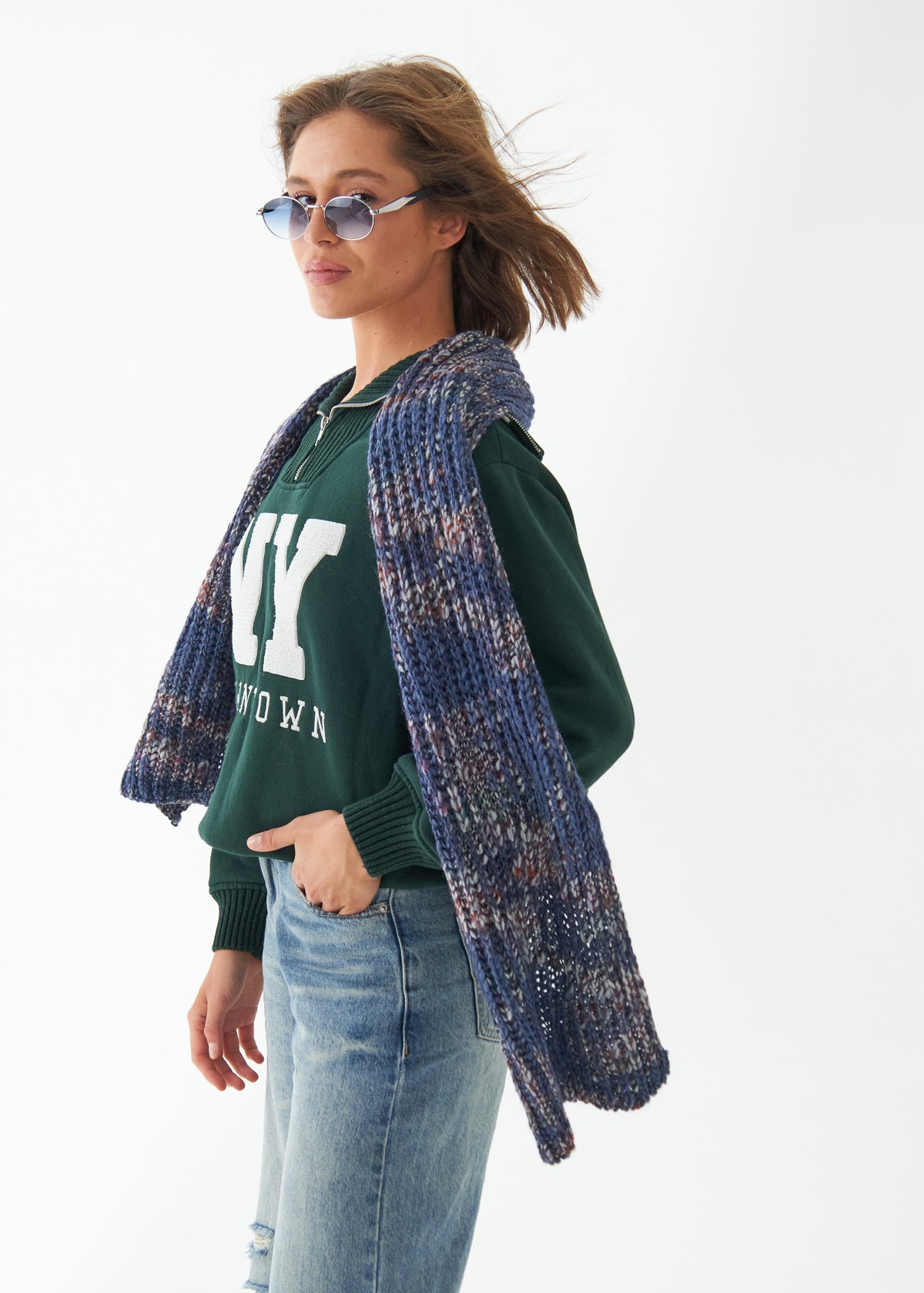 Oversized Lavender alpaca-wool scarf: Side outfit view showing both ends hanging down; beanie sold separately