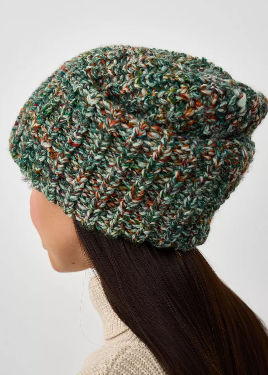 Oversized Green & Orange double-layer wool hat: Rear close-up showing the knit shape