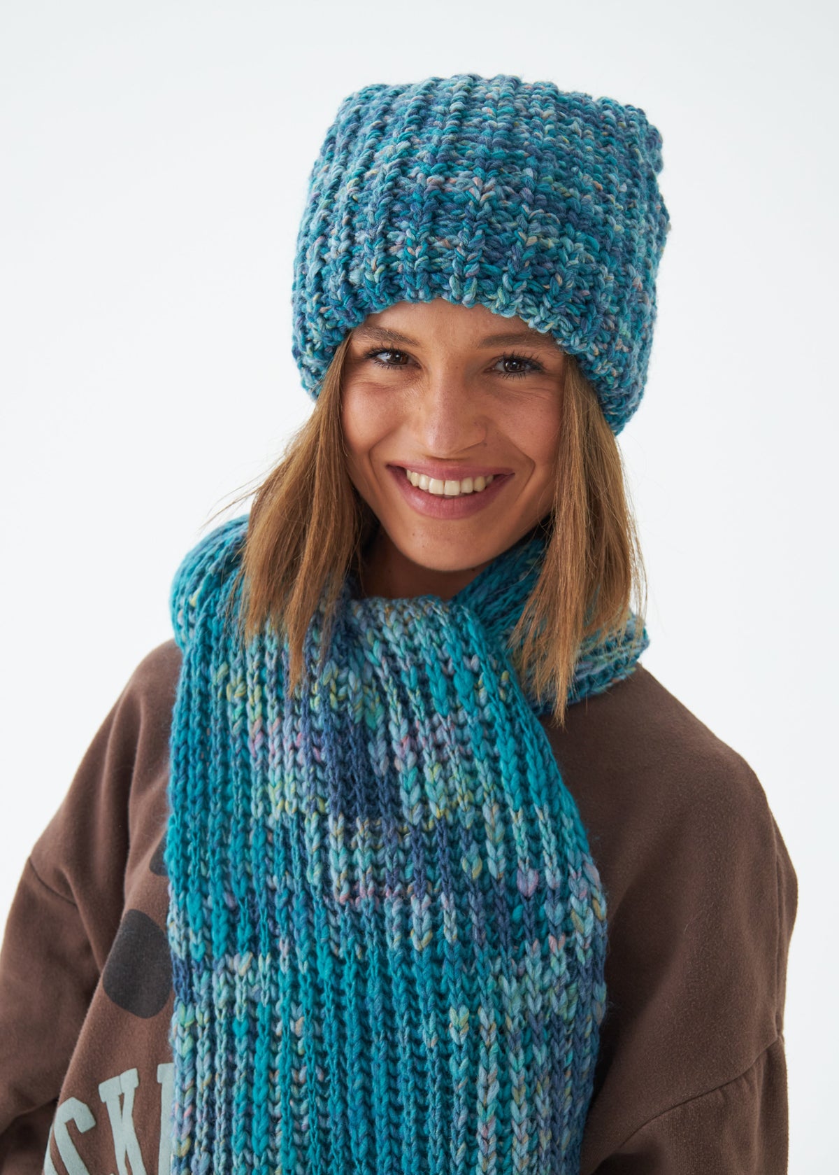 Oversized Tiffany alpaca-wool scarf: Front portrait with matching beanie; beanie sold separately
