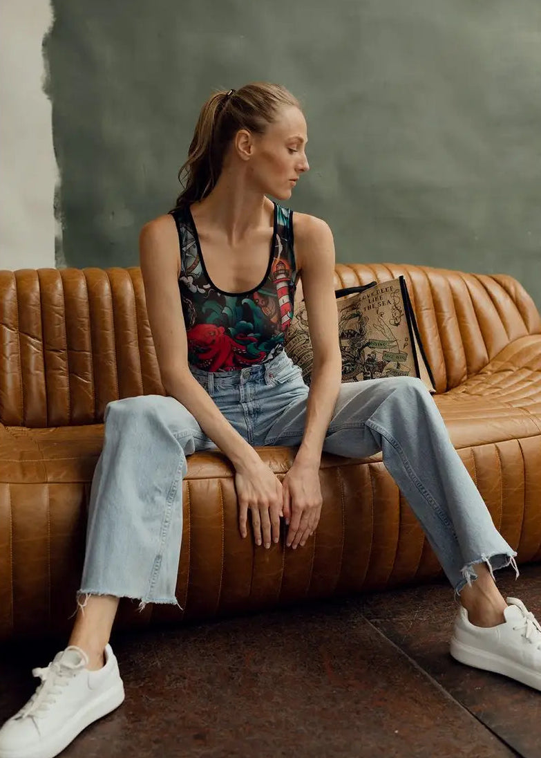 Octopus Mesh Sleeveless Bodysuit for Women - Tattoo Inspired Design - BRIKOLY