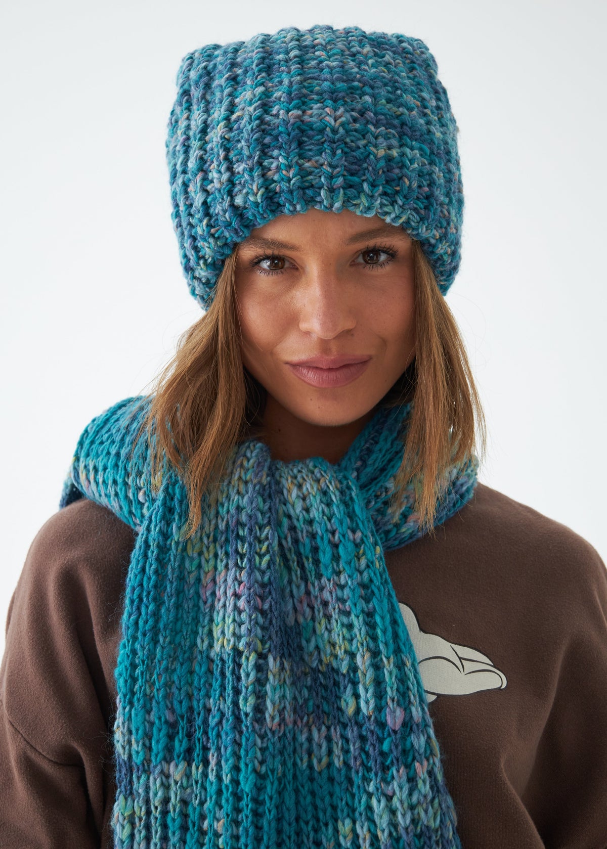 Oversized Tiffany double-layer wool hat: Front portrait with matching scarf, sold separately