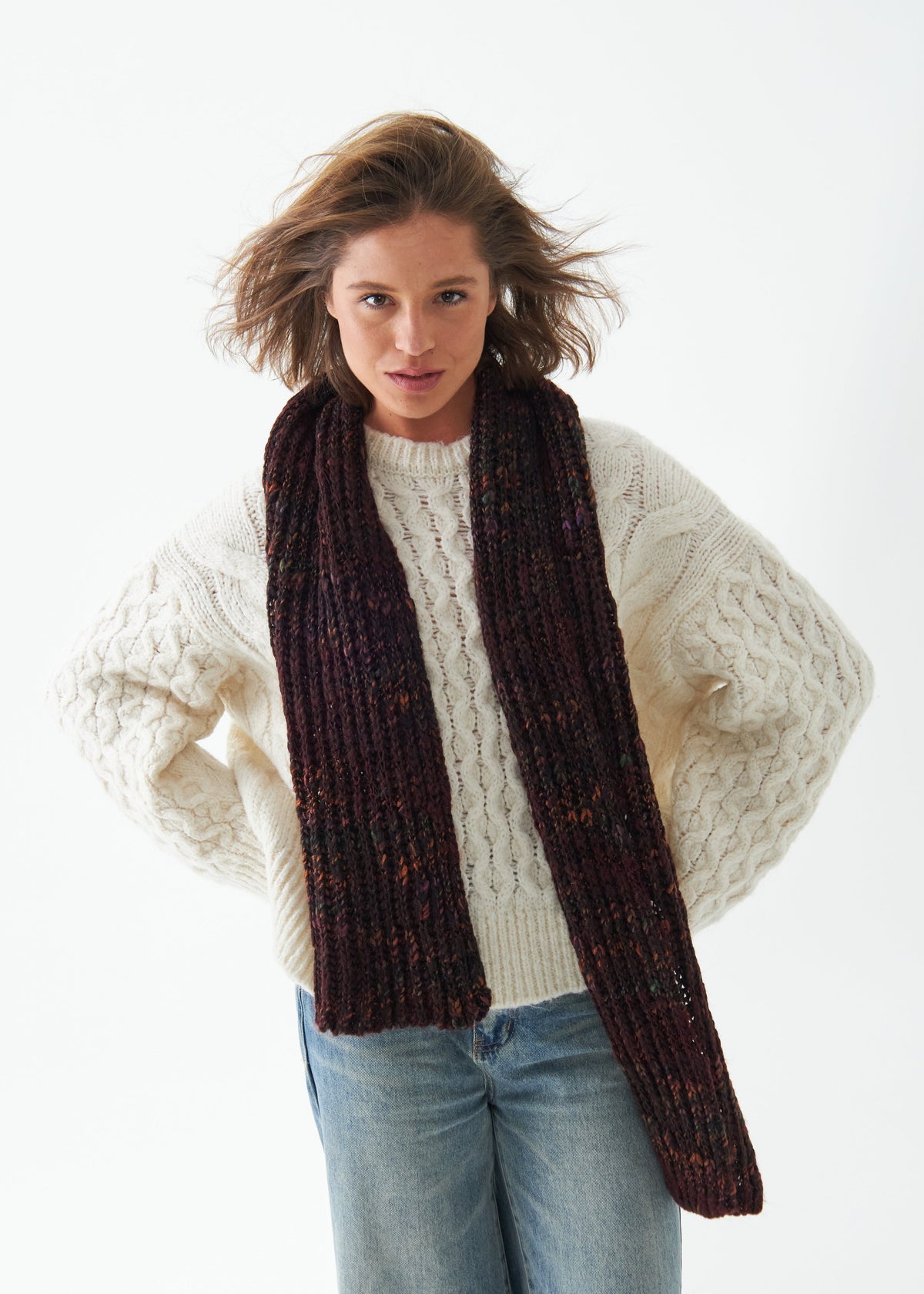 Oversized Maroon & Black alpaca-wool scarf: Front view with both long ends hanging down; beanie sold separately