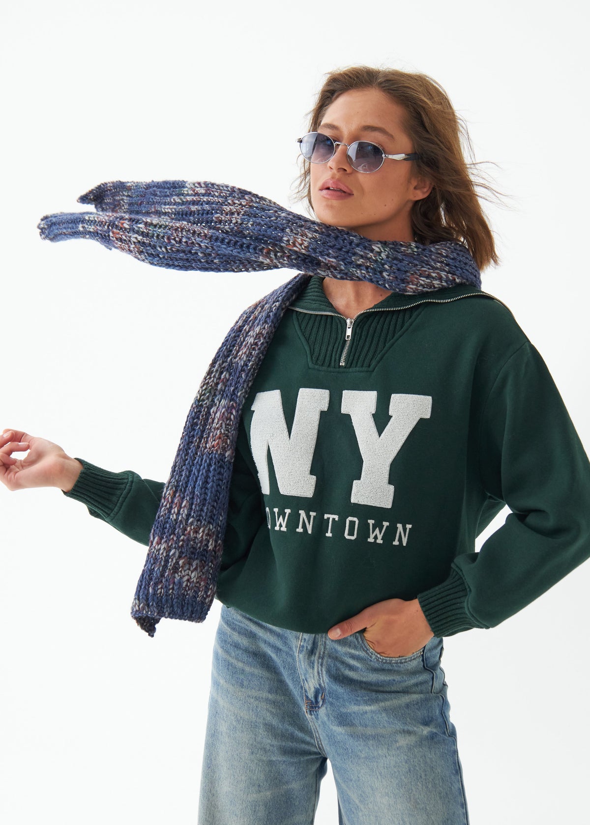 Oversized Lavender alpaca-wool scarf: Front view with one end held outward; beanie sold separately