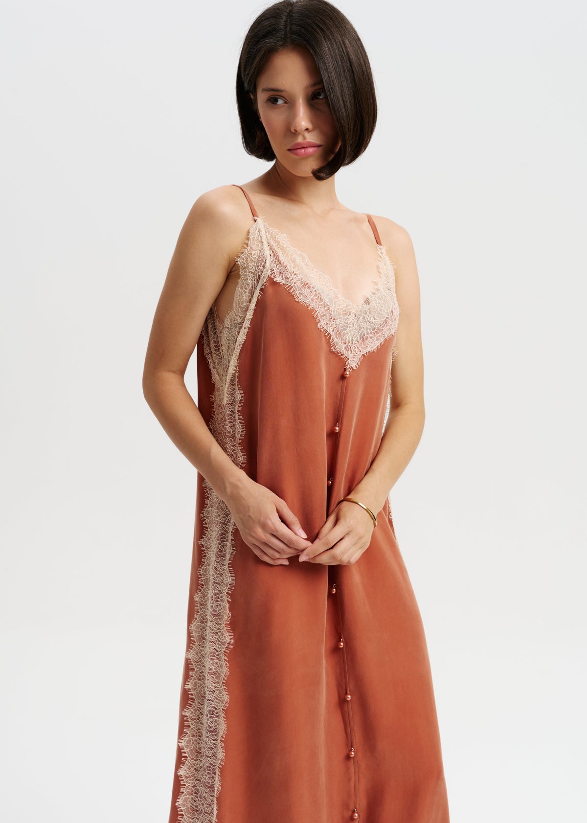 Terracotta Silk Slip Dress with Lace Details & Front Buttons - BRIKOLY