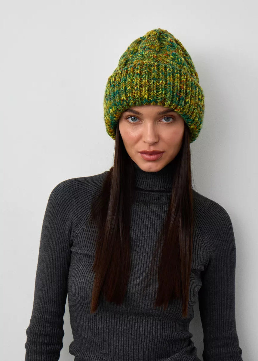 Tokyo Khaki cable knit wool beanie: Front outfit view with folded cuff