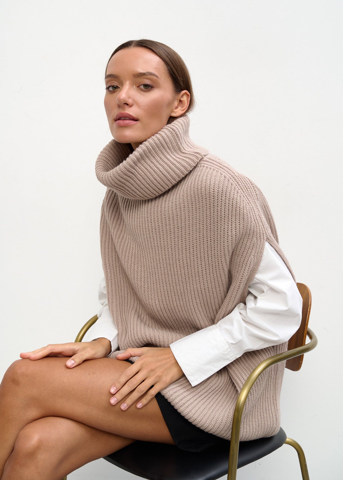 Women’s Oversized Beige Knit Sweater Vest – Long Turtleneck Layering Essential - BRIKOLY