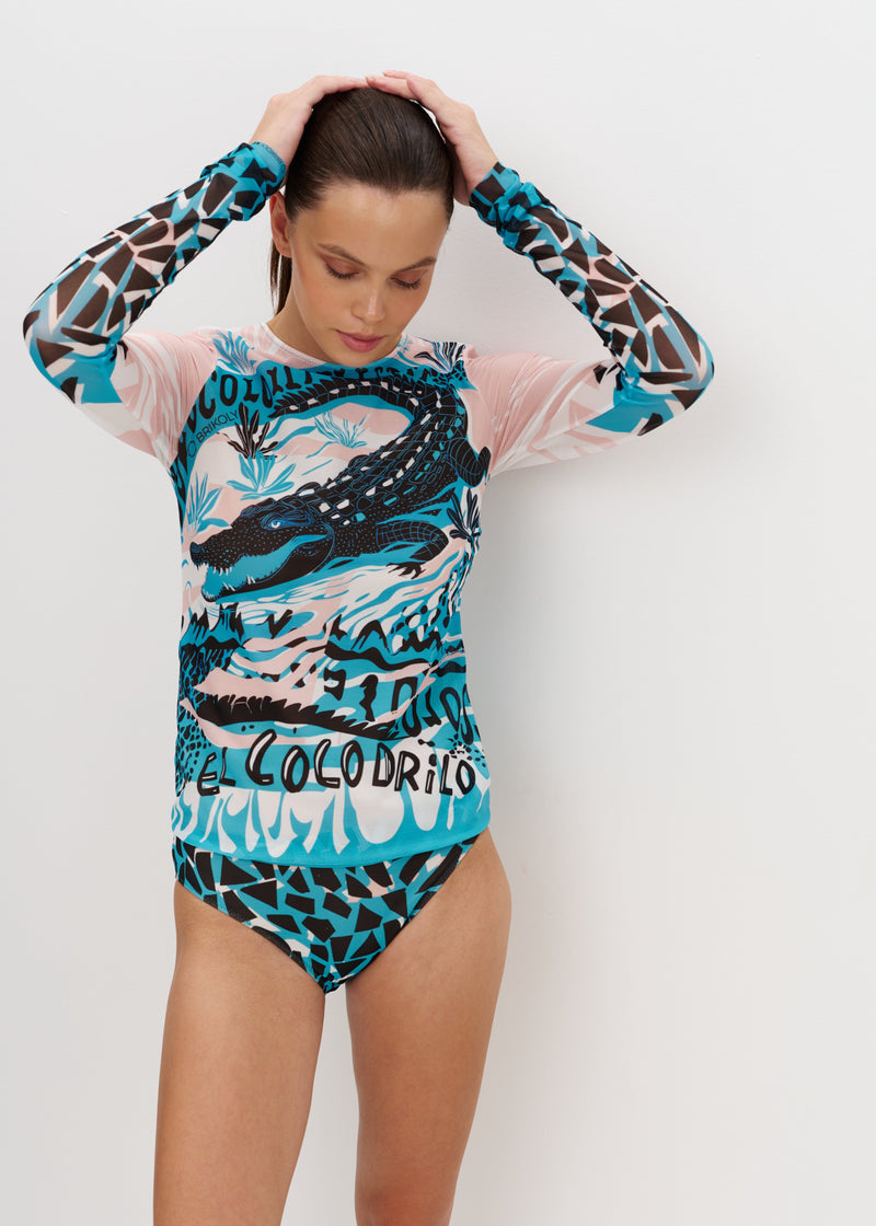 Person wearing a colorful smart swimsuit with a graphic design on a white background