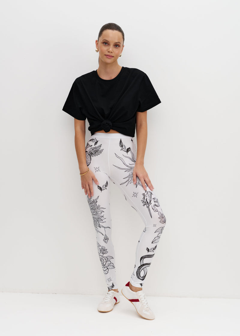 White Fox Printed Tattoo Effect Leggings for Women – Bold & Stylish
