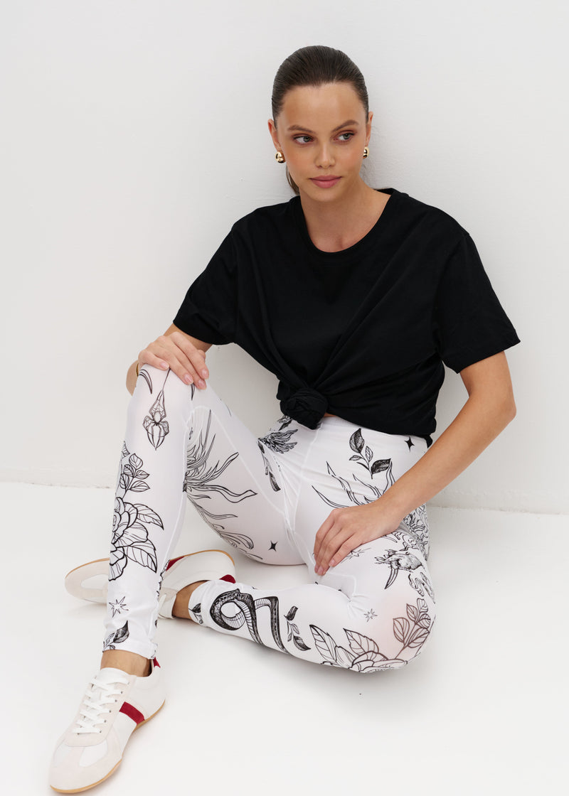 White Fox Printed Tattoo Effect Leggings for Women – Bold & Stylish
