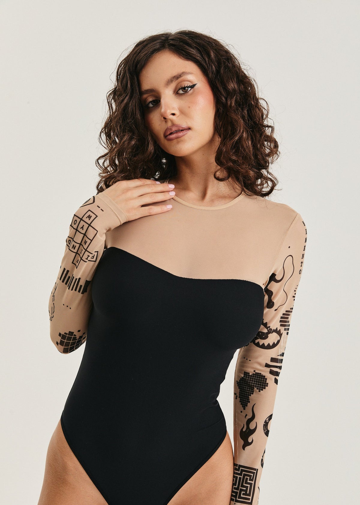 Cat Tattoo Mesh Bodysuit – Floral Second Skin Body with Polyviscose Base for Women (на проверку) - BRIKOLY