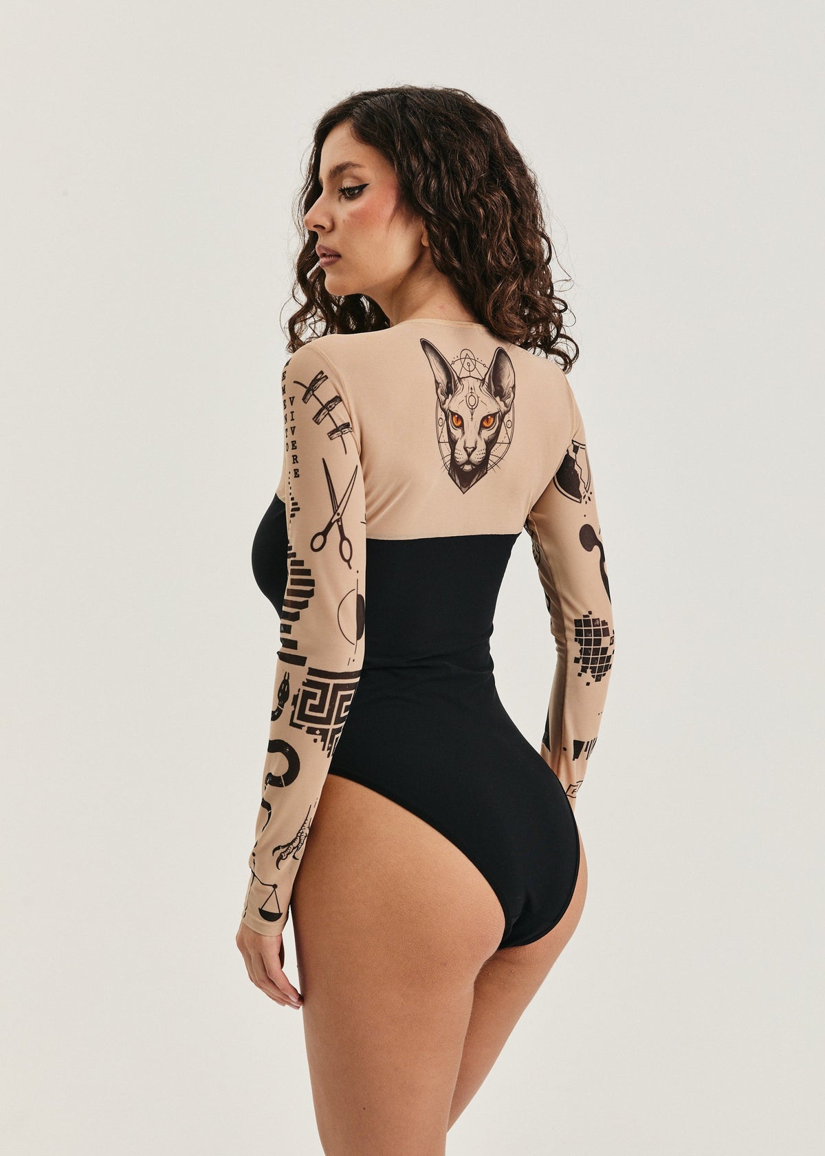 Cat Tattoo Mesh Bodysuit – Floral Second Skin Body with Polyviscose Base for Women (на проверку) - BRIKOLY