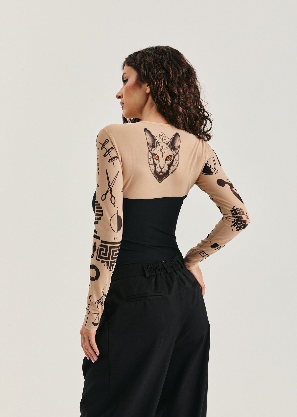 Cat Tattoo Mesh Bodysuit – Floral Second Skin Body with Polyviscose Base for Women (на проверку) - BRIKOLY