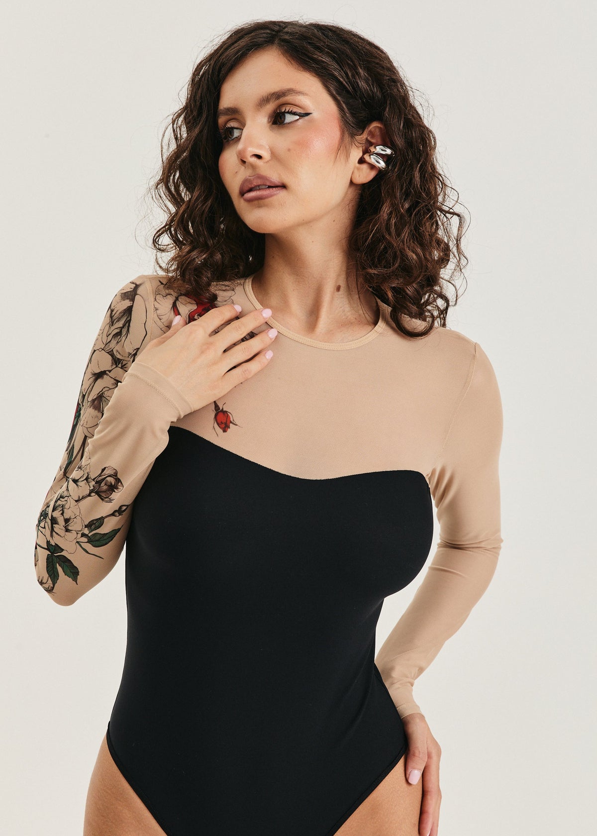 Rose Tattoo Mesh Bodysuit – Floral Second Skin Body with Polyviscose Base for Women - BRIKOLY