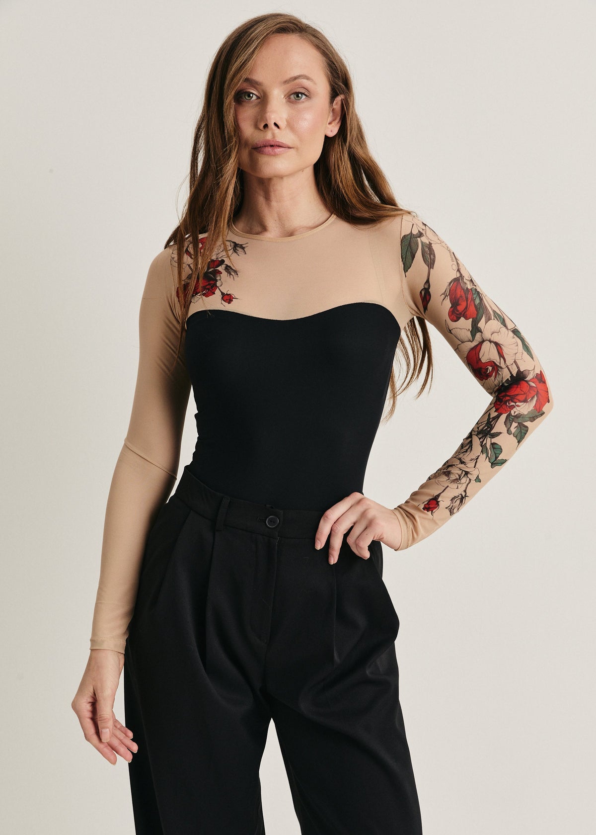 Rose Tattoo Mesh Bodysuit – Floral Second Skin Body with Polyviscose Base for Women - BRIKOLY