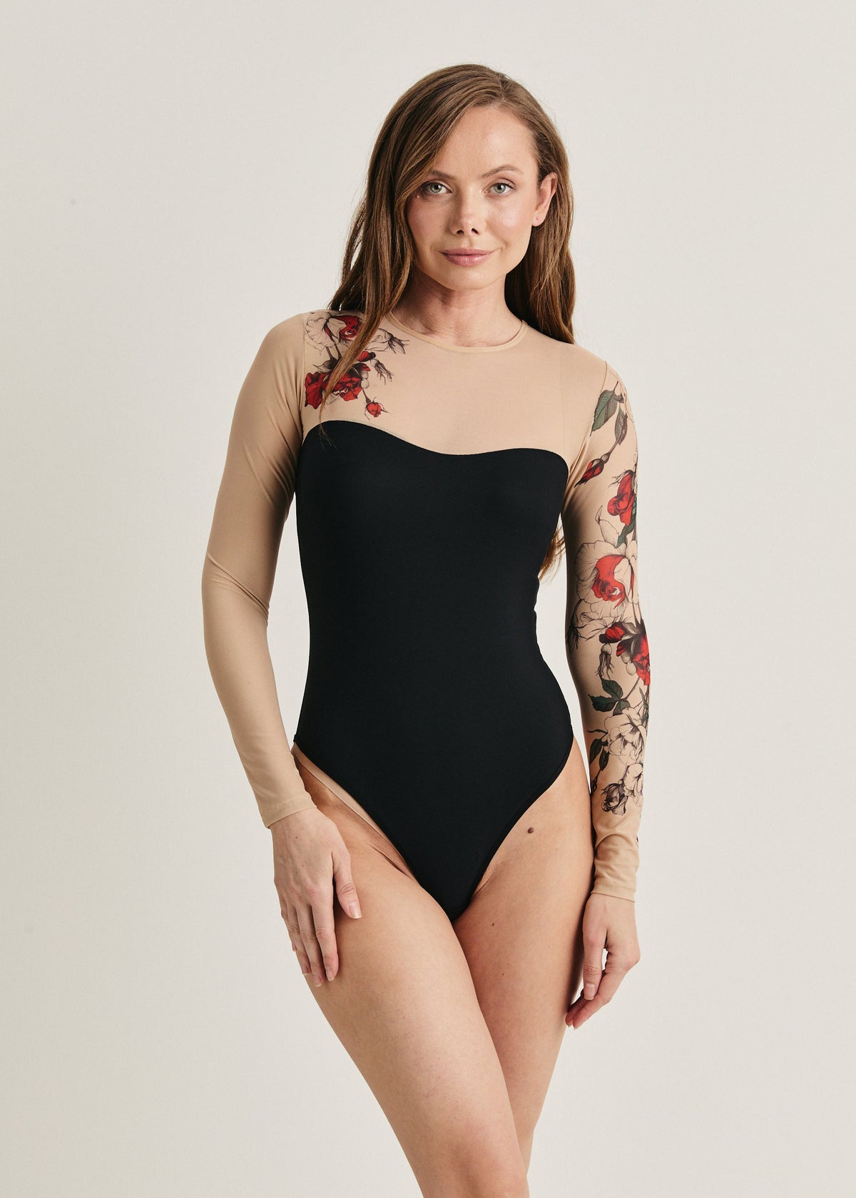 Rose Tattoo Mesh Bodysuit – Floral Second Skin Body with Polyviscose Base for Women - BRIKOLY