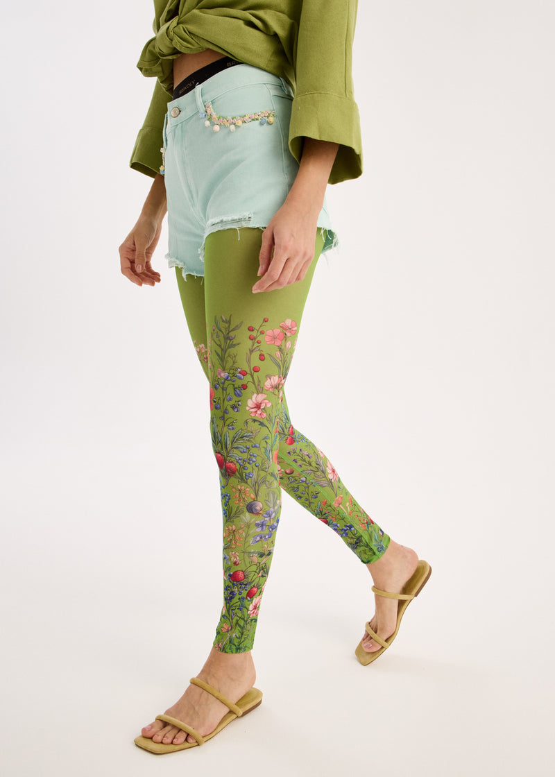 Sheer Green Mesh Floral Leggings for Women