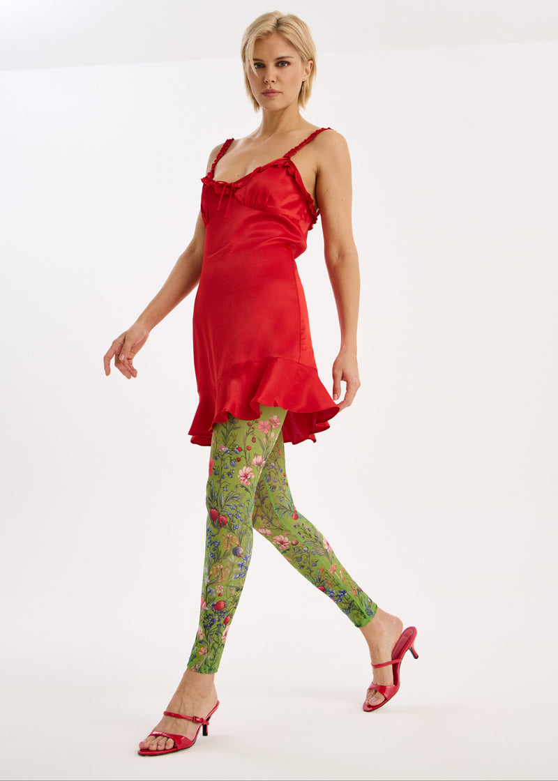 Sheer Green Mesh Floral Leggings for Women