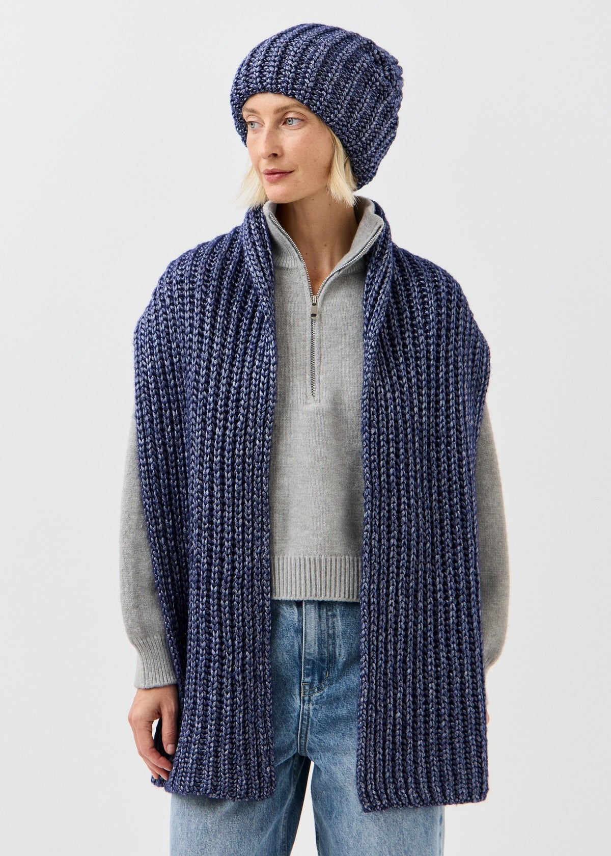 Lustre Denim Melange alpaca-wool scarf: Front outfit view draped over both shoulders; beanie sold separately