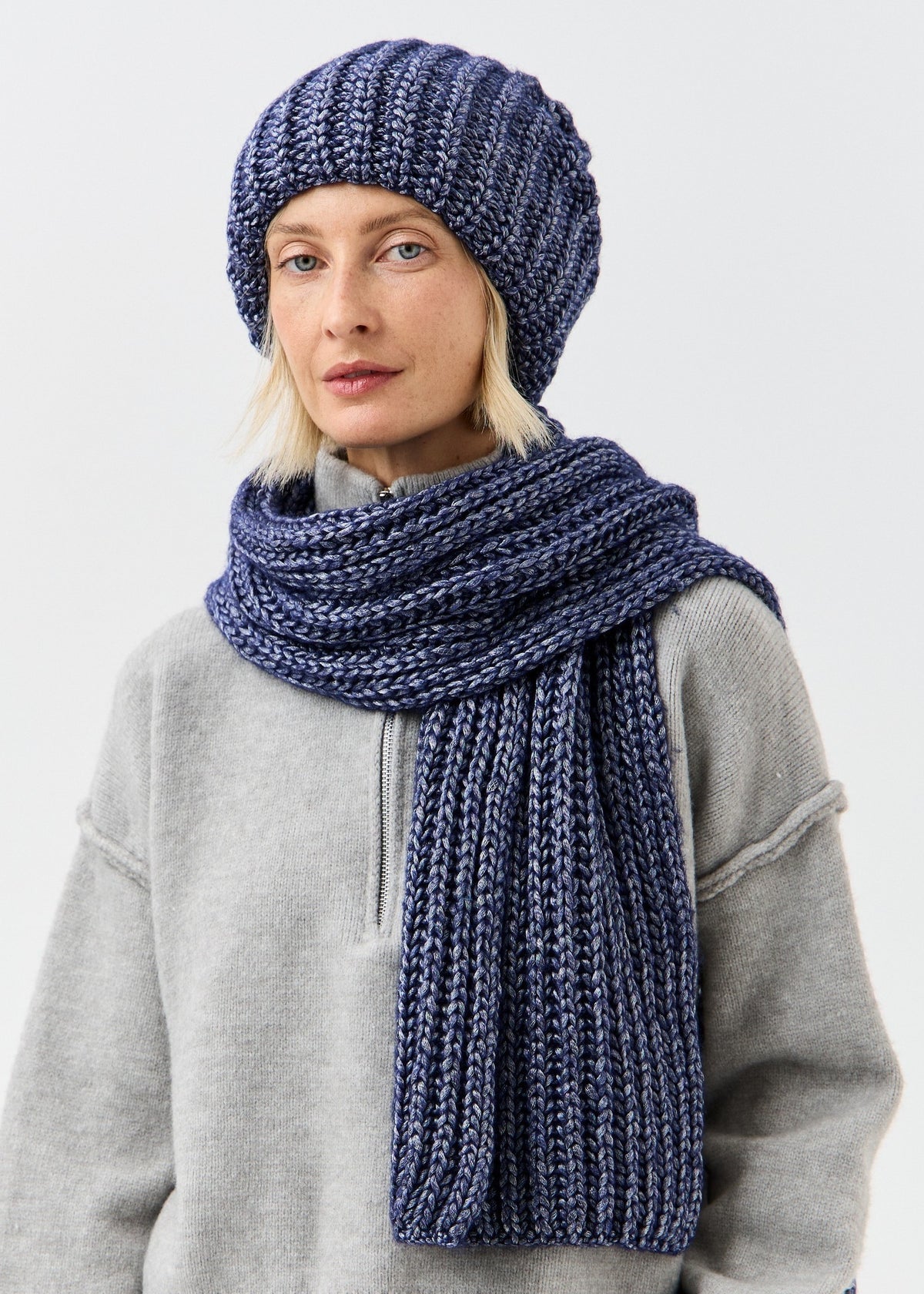 Lustre Denim Melange alpaca-wool scarf: Front close-up wrapped around the neck; beanie sold separately