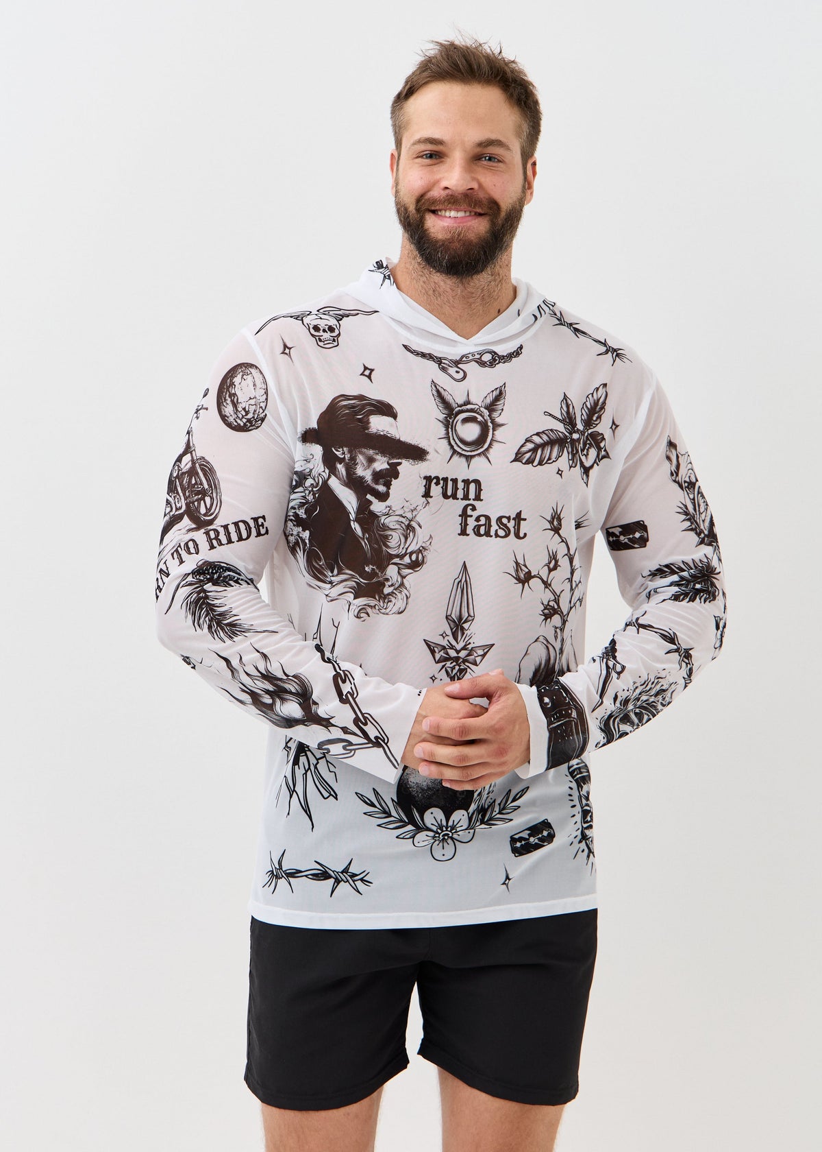 Biker White Men's Mesh Rash Guard – UPF 50+ Long Sleeve Swim Shirt - BRIKOLY