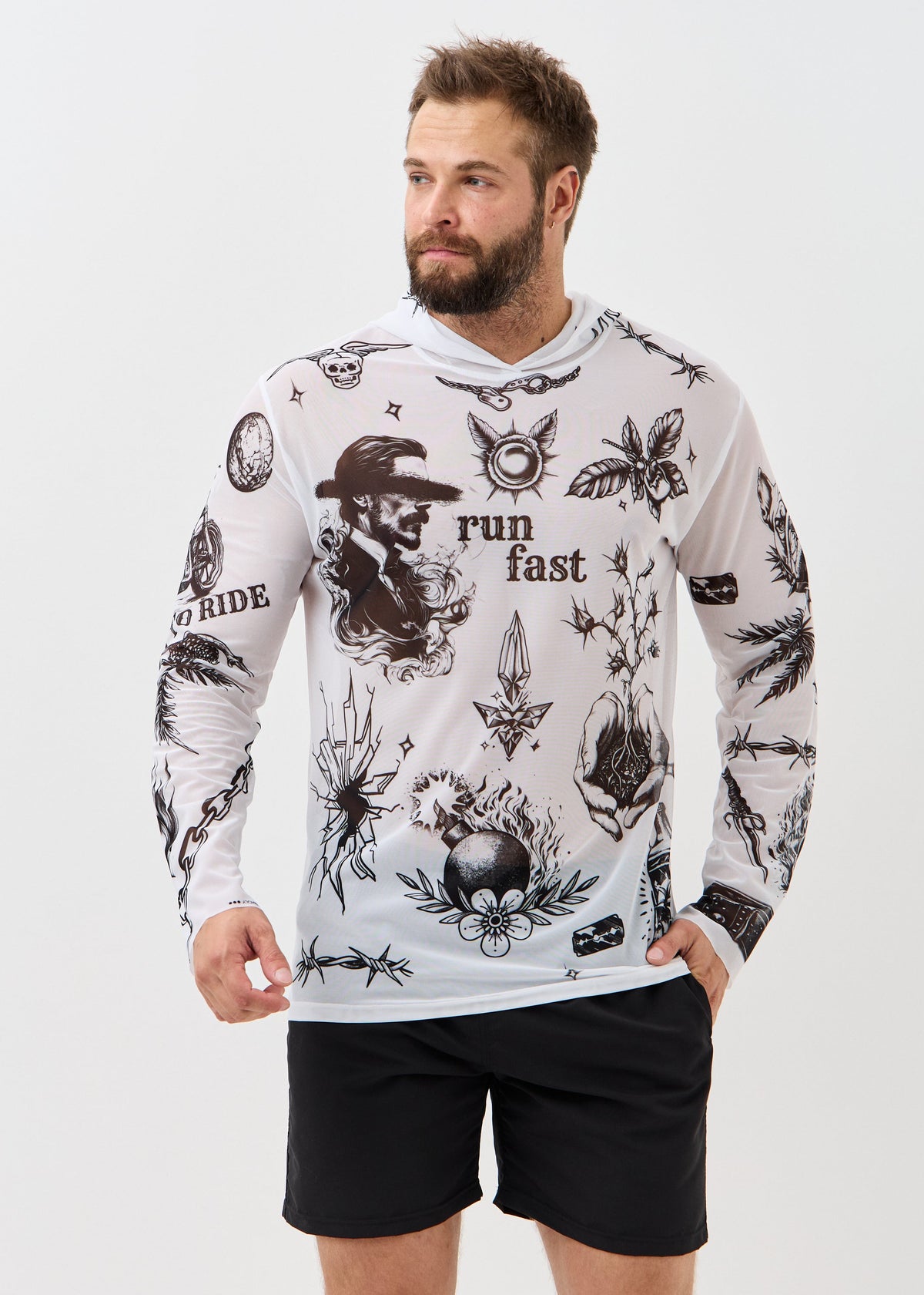 Biker White Men's Mesh Rash Guard – UPF 50+ Long Sleeve Swim Shirt - BRIKOLY