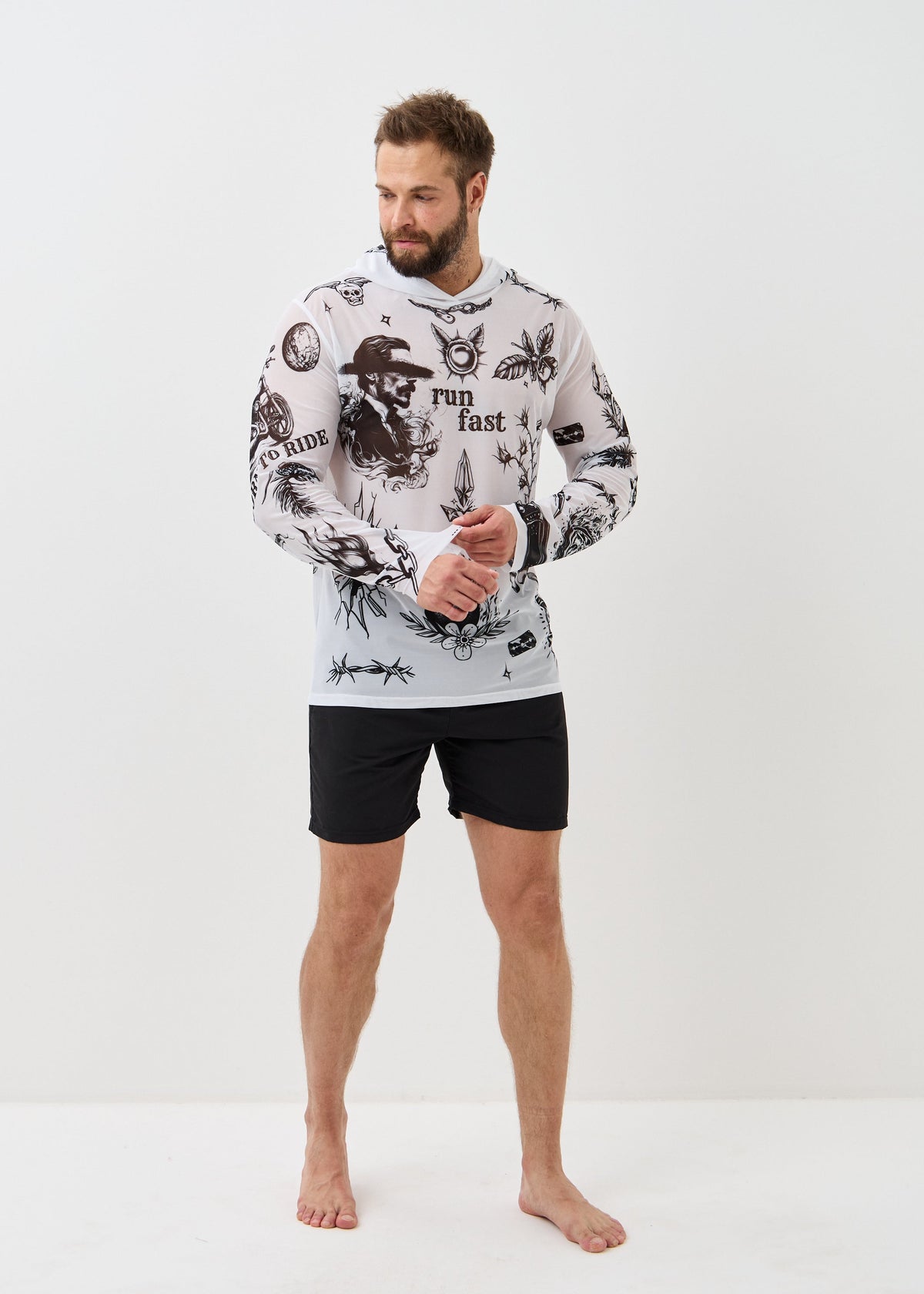 Biker White Men's Mesh Rash Guard – UPF 50+ Long Sleeve Swim Shirt - BRIKOLY