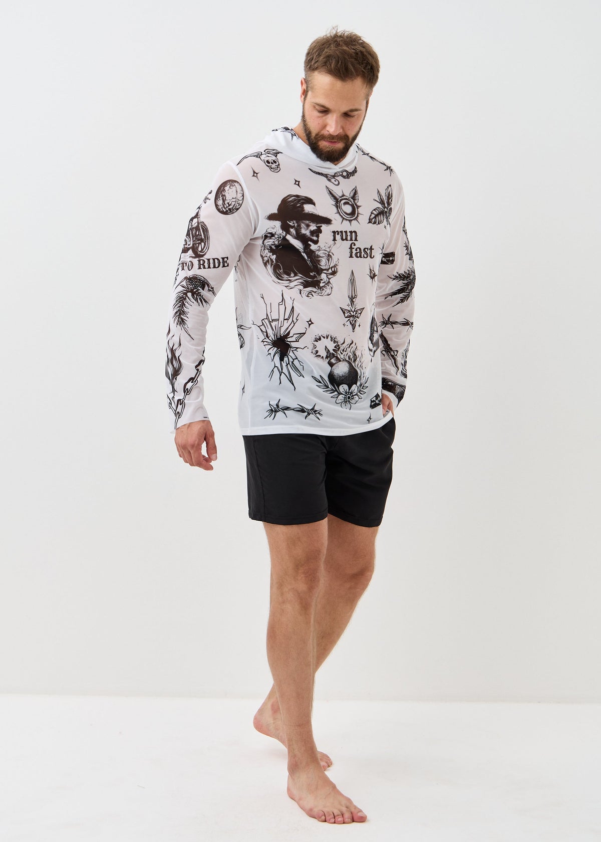 Biker White Men's Mesh Rash Guard – UPF 50+ Long Sleeve Swim Shirt - BRIKOLY