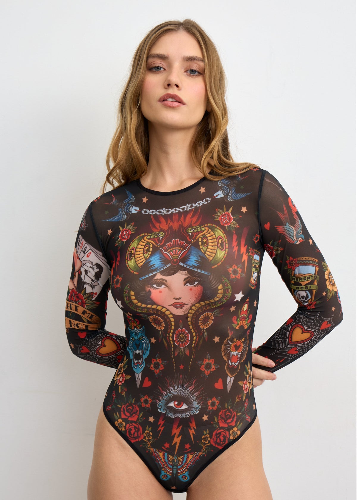 Black Old School Long Sleeve Bodysuit for Women – Unique Tattoo Design