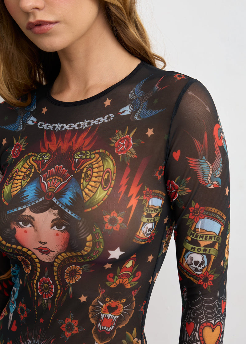 Black Old School Long Sleeve Bodysuit for Women – Unique Tattoo Design