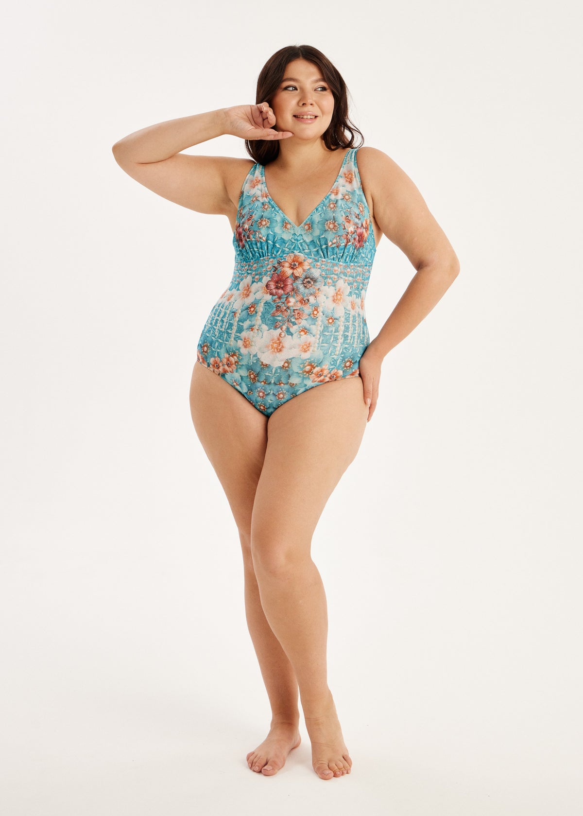 Blue Floral Mesh Bodysuit – Tan Through One Piece with SPF 50