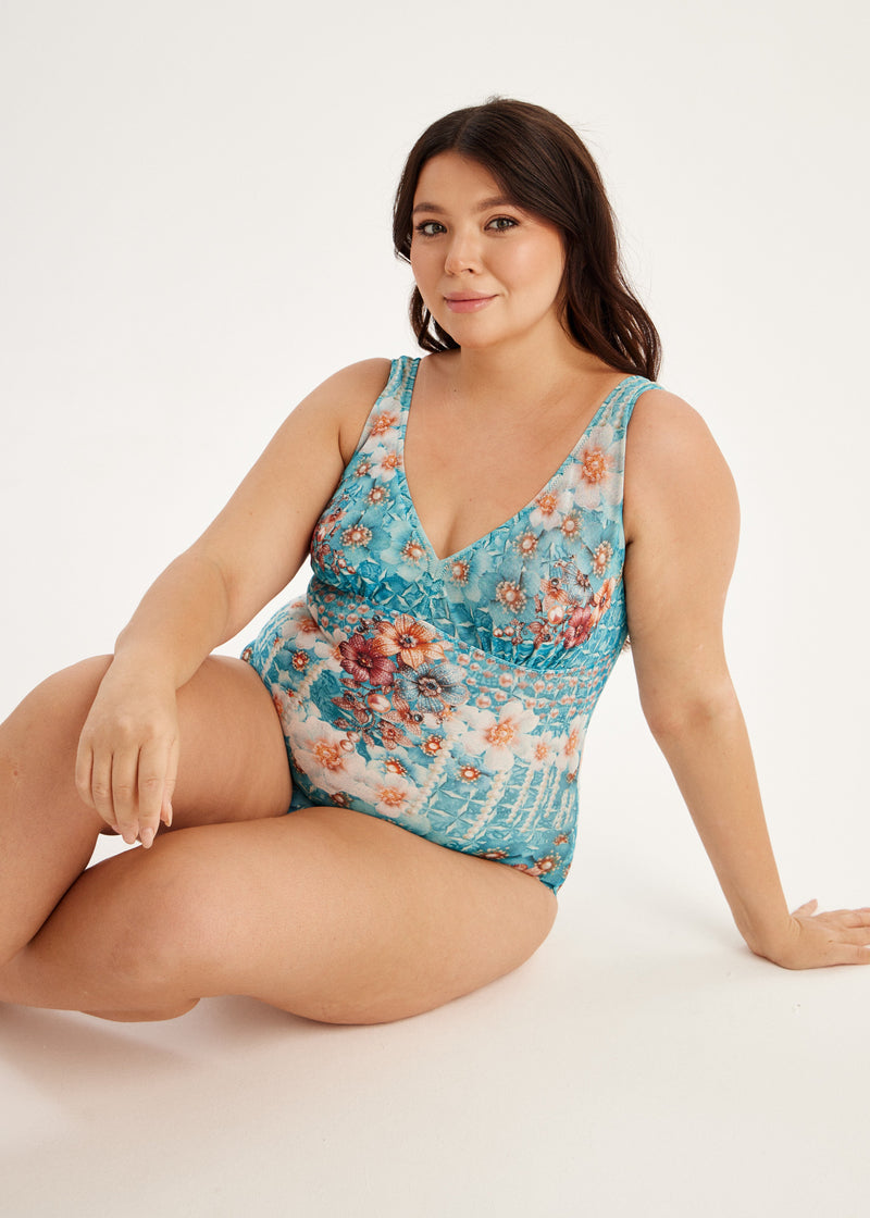 Blue Floral Mesh Bodysuit – Tan Through One Piece with SPF 50