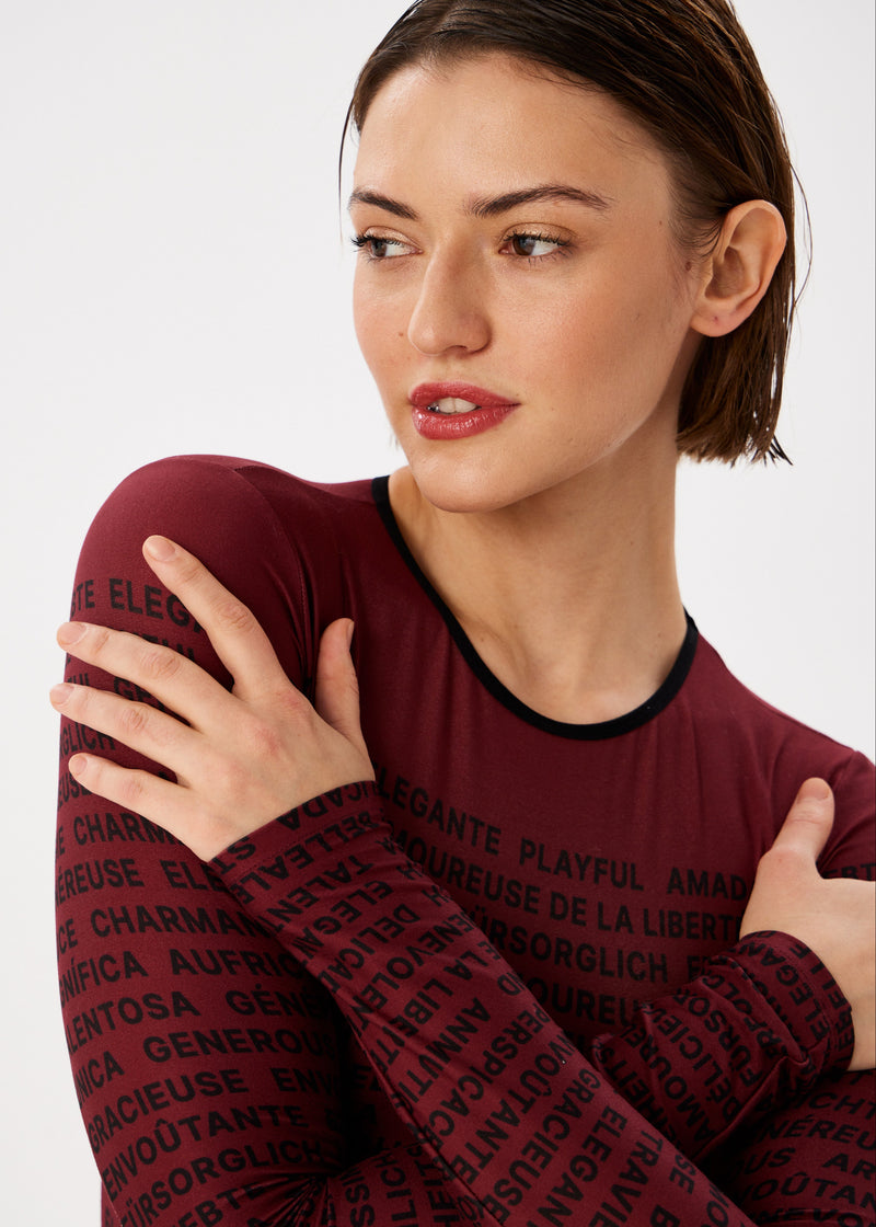 Words Bordo Tattoo Bodysuit – Long Sleeve Polyviscose for Women